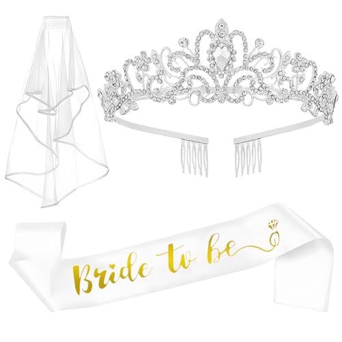 QIFU 3pcs Silver Bridal Shower Decorations Bride to Be Crown Sash Veil