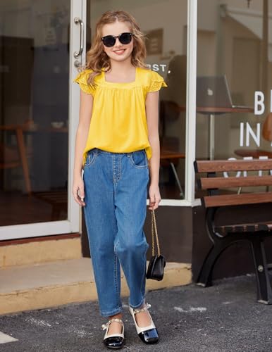 Image of Arshiner Girls Shirts Short Sleeve Square Neck Summer Lace Openwork Pleated Tops Blouse Tunic
