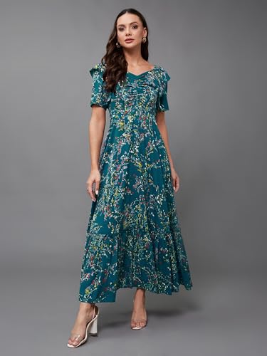 Image of Miss Chase Women Pleated V Neck Full Sleeves Relaxed Fit Midi Length Dress