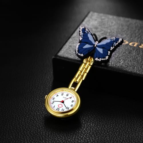 Image of Lancardo Pin On Nurse Watch: Unique Butterfly Pattern Badge Analog Quartz Easy to Read Pocket Watch for Women Men Doctor Hospital
