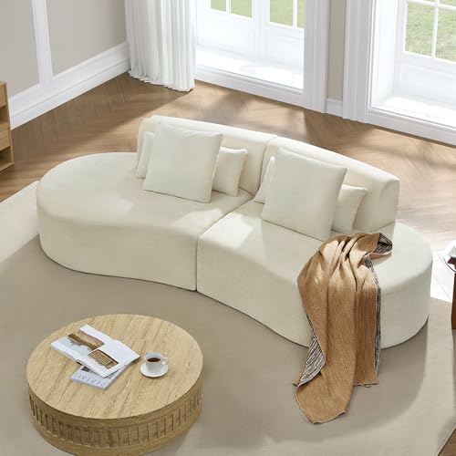 Image of CHITA Curved Sectional Sofa with Lumbar Pillows, Modular Cloud Boneless Couch with 2 Throw Pillows, Modern Comfy Chenille Loveseat for Living Room, Bedroom, Office, No Assembly Required, Cream