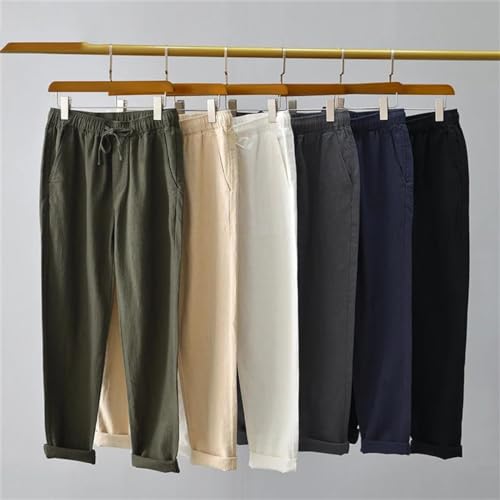 Generic Men's Cotton Linen Pants Summer Breathable Solid Linen Trousers for Male Straight Baggy Pants2