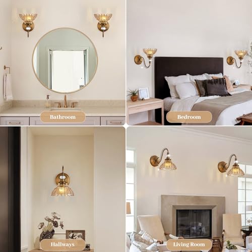 Image of 1 Piece Vintage Wall Sconce, 1-Light Matte Antique Brass Finish Wall Sconce with Hanging Crystal Accents and Flower-Shaped Amber Shades for Bathroom Bedroom Living Room,Vintage Vanity Light
