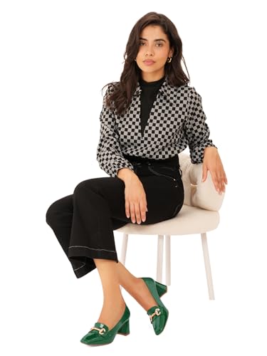 Image of Womens Mid Block Chunky Heeled Loafers Closed Square Toe Patent Leather Comfortable Slip On Pumps Metal Chain Basic Classic Casual Work Office Dress Shoes 2.8 Inches Heels