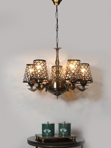 Image of Devansh 05 Lights Metal Etched Shade with Antique Golden Chandelier -Y