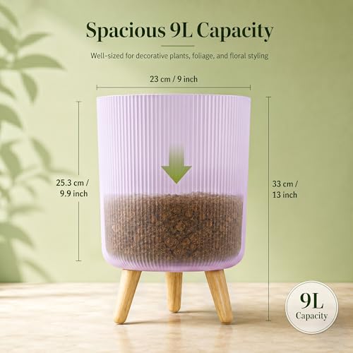 Image of Eightiz Store Modern Lavender Flower Pot with Plastic Legs | Indoor Outdoor Planter for Home Garden Balcony Decor Ribbed Design Sturdy Plastic Mid-Century Style (Lavender, Pack of 2)