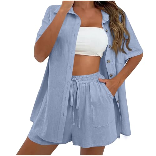 Women 2 Piece Outfits Summer Short Sleeve Top and Shorts Sets Lounge Sweatsuit Casual Cotton Linen Shorts Set
