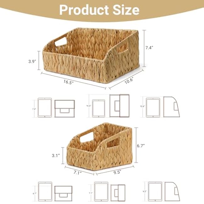 Wicker Baskets for Organizing,Pantry Baskets with Handles, Handwoven Wicker Storage Basket, Water Hyacinth Storage Bins for Shelves, Bohe Deco 3 Pack,Natural
