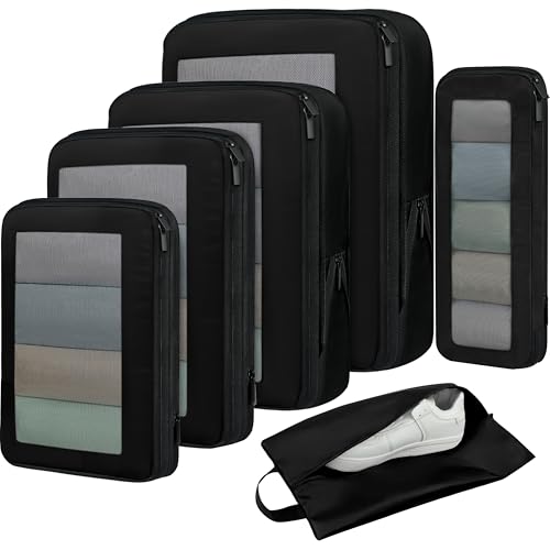 Image of BAGAIL 4 Set /6 Set /8 Set Compression Packing Cubes Travel Accessories Expandable Packing Organizers (Square Mesh, 05-Jet Black)