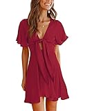 SPRIME Women's Summer Casual Dress V Neck Short Flared Sleeve Flowy Solid Dresses Tie Knot Front Cut