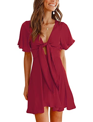 Sprime Women's Summer Casual Dress V Neck Short Flared Sleeve Flowy Solid Dresses Tie Knot Front Cut Out Swing Mini Dress #TOP5