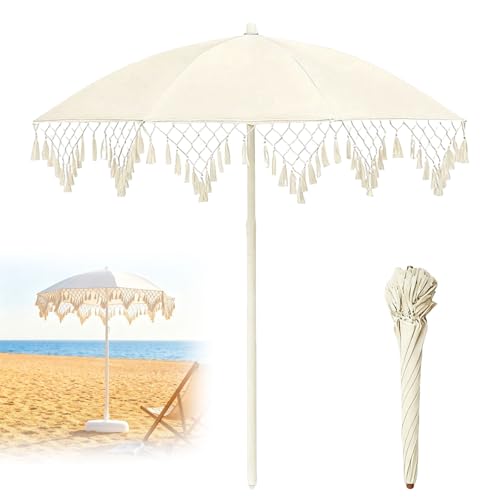 YAVYAV Boho Sonnenschirm mit Fransen | Gartenschirm Runden | Strandschirm UV 50+ | Wasserdicht Tischschirm | Marktschirm Für Garten Terrasse Pool Balconi Esterno | Milchweiß(200cm/3.6ft)