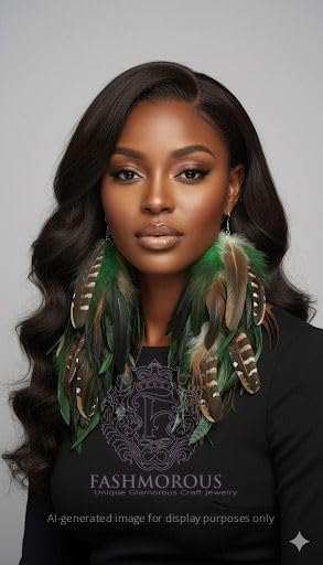 Green Feather Chandelier Earrings, Boho Statement Dangle for Women, Lightweight Handmade Festival & Party Jewelry, Gift for Her - Image 3