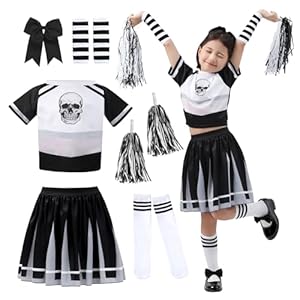 DIIQII Skelett Cheerleader Kostüm Mädchen: Gruseliges Halloween Outfit Komplettset mit Pompons Socken für Kinder - Horror Cheerleader Uniform für Gruselpartys Cosplay