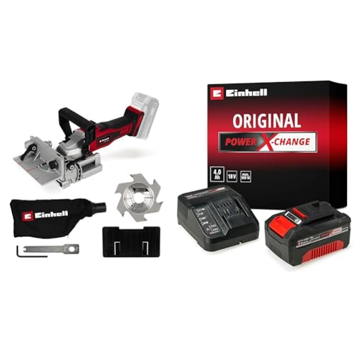 Einhell Fraiseuse à lamelle sans fil TE-BJ 18 Li-Solo Power X-Change (18 V, Li-Ion, réglage en continu de l’angle/de la hauteur, 6 niveaux de réglage de la profondeur) avec Chargeur et Batterie 4,0Ah