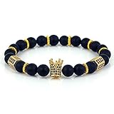 Crown Charm Bracelet with 8mm Black Matte Onyx Stone Beads Suqare Copper Zircon