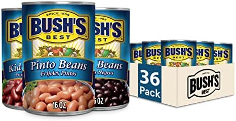 Bush's Best Pantry Pack: Canned Vegetarian Kidney Beans, Pinto Beans, and Black Beans, Source of Plant Based Protein and Fiber, Low Fat, Gluten Free, 16 oz (Pack of 36)