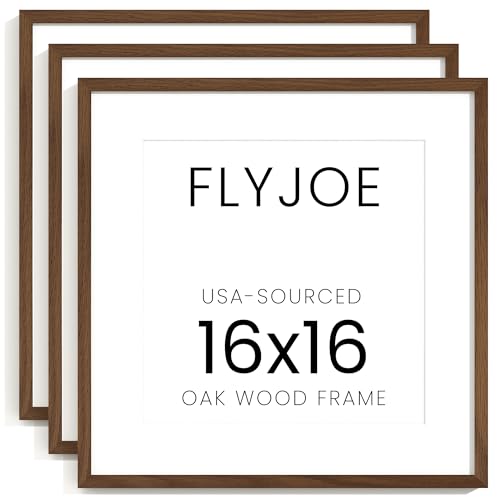 Image of FLYJOE 16x16 Oak Wood Square Picture Frame with Mat for 12x12, 16 by 16 USA-Sourced Natural Solid Wooden Photo Frame for Wall Display, Tempered Glass, Hanging Hardware Included, 3 Pack, Walnut Color