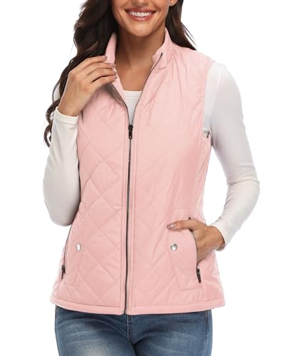 Argstar Women's Quilted Vest, Stand Collar Lightweight Zip Padded Outerwear Gilet with 4 Pockets Pink L