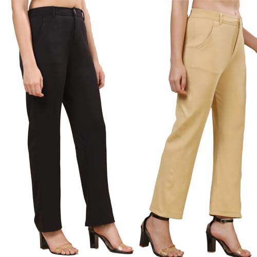 Image of Pack of 2 Women's Regular Fit Solid Cotton Blend Trousers - Soft, Breathable & Stretchable Bottom Wear for Office, Casual Outings & Daily Comfort