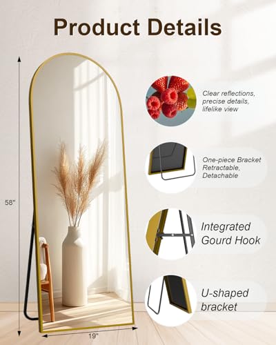 Image of 59 inchx16 inch Floor Mirror Full Length, Arched Full Length Mirror with Stand, Full Body Mirrors for Bedroom Living Room or Cloakroom Gold