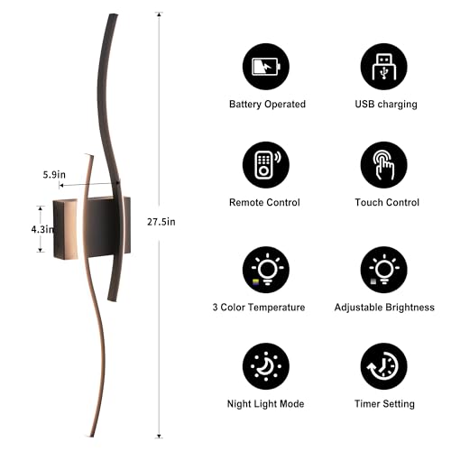 Image of KARTOOSH Wireless Wall Sconces Set of 2, Dimmable LED Sconce with Remote | Battery Operated Wall Sconce with 3 CCT Night-Light Timer Memory Modern Wall Sconces for Living Room, Hallway, Bedroom