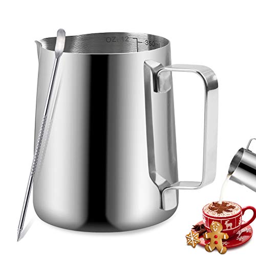 TechKen Milchkännchen, Milchkanne Edelstahl 350ml(12oz) Barista Zubehör Kaffee Milch Kännchen mit Messung Mark für Cappuccino Espresso (Silber 350ml) TechKen Milchkännchen, Milchkanne Edelstahl 350ml(12oz) Barista Zubehör Kaffee Milch Kännchen mit Messung Mark für Cappuccino Espresso (Silber 350ml)