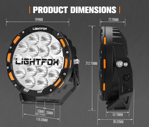 LIGHTFOX 2 PCs 7 Inch LED Spot Light Round, Spot Beam 13226LM, Driving Light Angle Adjustable with DT Connectors, IP68 Waterproof, Compatible with Offroad Jeep Wrangler Truck Pickup SUV