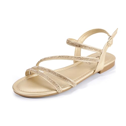 IDIFU Gold Rhinestone Strappy Sandals for Women...