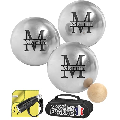 KDO MAGIC - Boule de pétanque personnalisée - Triplette 720g gravée - Pétanque Personnalisable - Lot de 3 Boules et 1 cochonnet - Idée Cadeau Fête des pères...