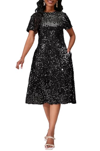 Image of Sequins Glitter Short Sleeve Women's Maxi A-line Dress - Sparkly Party Elegant
