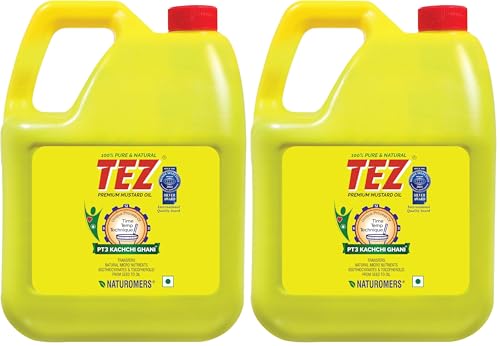 Image of Tez Mustard Oil for Cooking 5L Can | PT3 Kachchi Ghani Sarson Ka Tel | 100% Pure & Natural Oil | Promotes Gut Health with Antibacterial & Antifungal Benefits | Supports Good Health (Pack of 2)
