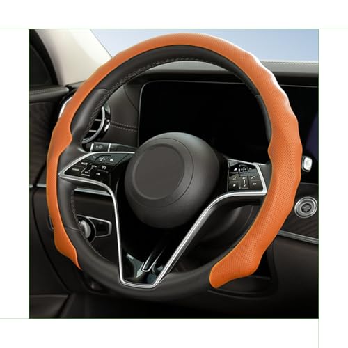 Sandfren Car Steering Wheel Cover 15 inch Nappa Leather Anti-Slip & Ultra-Thin 5D Vehicle Steering Wheel Protector Breathable Automotive Interior Accessories Universal Fit (Orange)