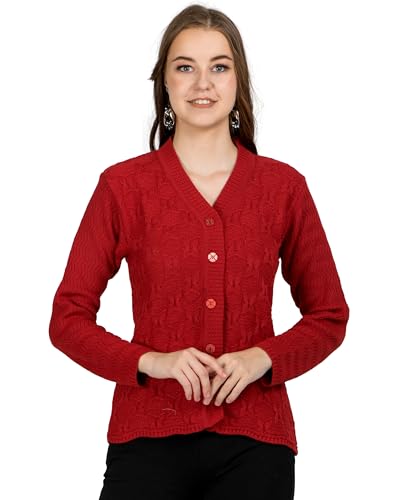 Image of Lady Willington Women Woolen V-Neck Self Design Cardigan Heavy Daffodil Fabric Cardigan Winter Wear Pure Wool Cardigans for Women Sweaters Long Cotty Fully Warm Cardigan Free Sizes