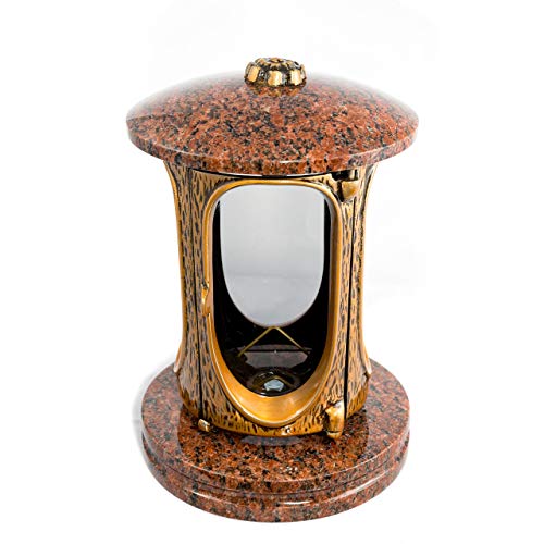 Afterglow - Farol para tumba Elégant Granito, 23 cm de altura, 14,5 cm de diámetro, lámpara para tumba, lámpara de granito, farol de granito, bronce, con zócalo, decoración para tumbas