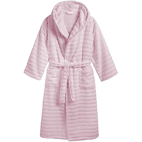 Weave Essentials Striped & Ribbed Terry Toweling Hooded Bathrobe, 100% Combed Cotton, (L/XL,Pastel Pink) Cover