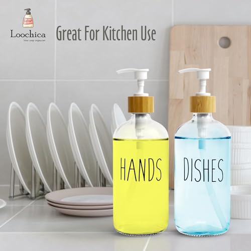Image of LOOCHICA 2 Pack Clear Glass Soap Dispenser with Plastic Pump, Transparent Dish and Hand Soap Dispenser Set, Refillable Reusable Apothecary Soap Pump Dispenser Bottles for Bathroom and Kitchen