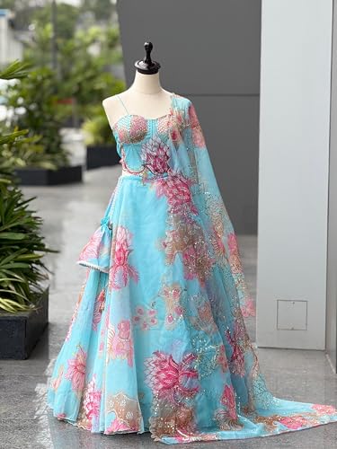 Image of MARUTI FASHION HOUSE Readymade Lehenga Choli Indo-Western Set For Womens & Girls Heavy Pure Organza digital printed 8mtr flair lehenga with canvas patta can can and with dori Chaniya Choli Wedding