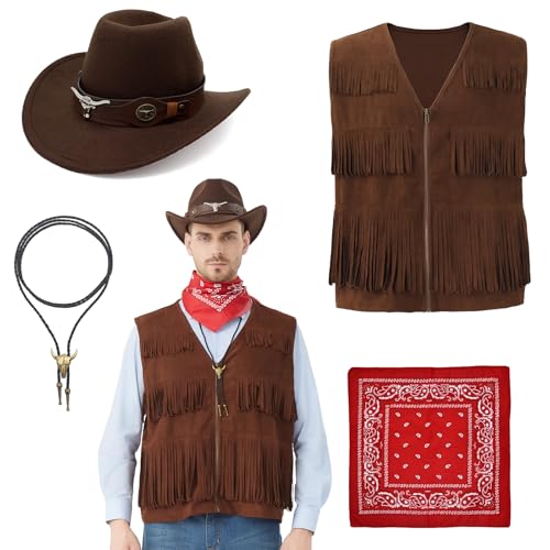Costume Cowboy Homme Halloween avec Gilet à Franges et Accessoires Western