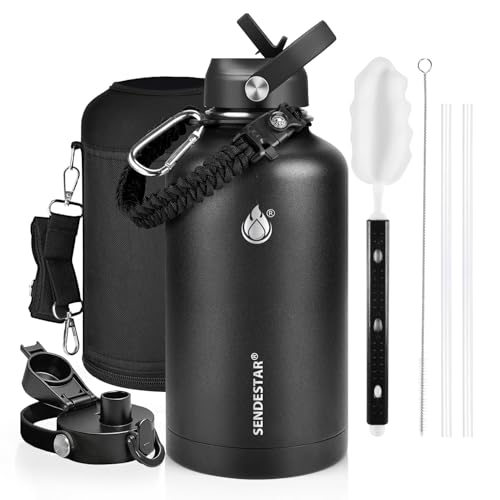 Image of One Gallon Insulated Water Bottle, Triple Wall 128 oz Stainless Steel Wide Mouth Water Bottles (Cold for 48 Hrs), Leak Proof, Non-BPA, Large Water Flask Jug with Paracord Handle & Straw Spout Lids