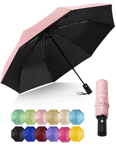 HIPPIH Compact Travel Umbrella for Rain - Windproof Automatic Umbrellas UV Umbrella for Sun Protection with Black Anti-UV Coating Portable Small Umbrellas for Backpack Car Walking Kids Women