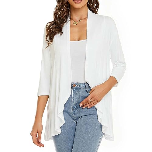 Image of Womens Lightweight Cardigan Open Front Cardigans Soft Draped Ruffles 3 /4 Sleeve Cardigan (S-3XL)