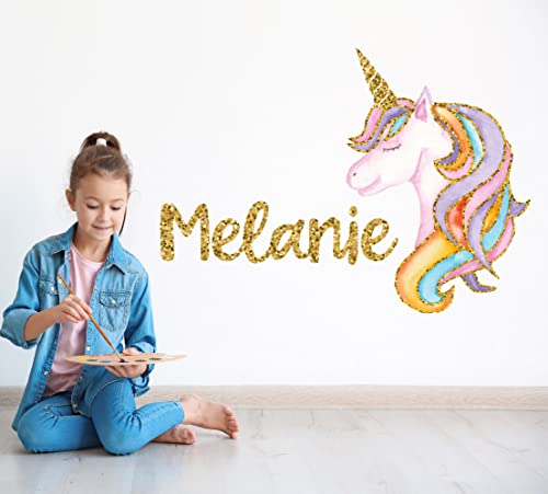 Custom Name Wall Decor For Girls - Unicorn Wall Decals - Gold Glitter Unicorn Wall Art - Personalized Name Decal - Baby Girl Wall Decor - Rainbow Wall Decal Sticker #TOP1