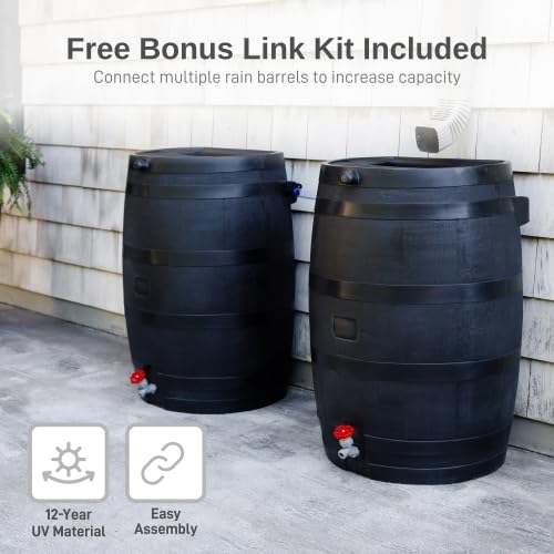 Image of RTS Home Accents 50-Gallon ECO Rain Barrel Made with 100% Recycled Plastic, Flat Back Rain Water Collection Barrel, Stand and Link Kit Included, Black (2 Pack)