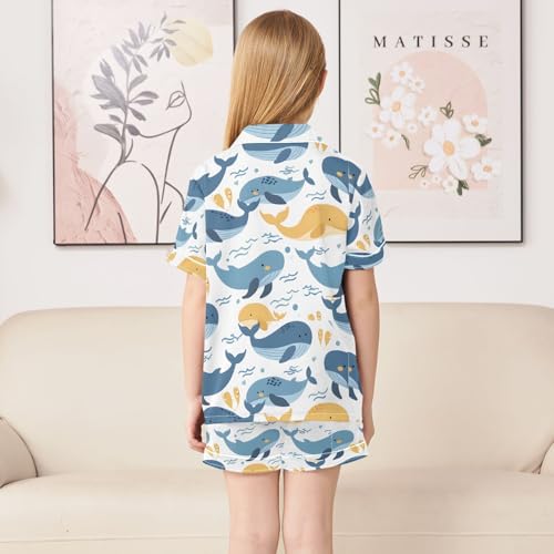 ALAZA Blue Yellow Whale Pajamas Satin Pajama Set Short Sleeve Button Down Sleepwear4