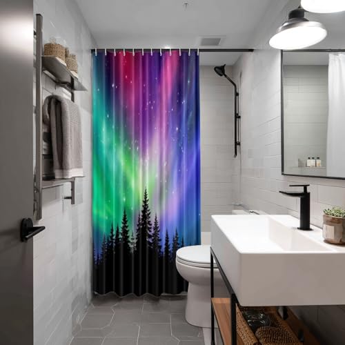 Batmerry Colorful Natural Northern Lights Decor Shower Curtain, Purple Phenomenon Forest Bathroom Decor Polyester Fiber Plastic Rings Quick-Drying Waterproof for Bathtubs/Bathroom, 72x60 inches by Batmerry - Image 2