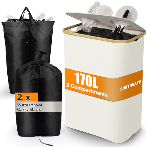 SOUTHGATE 170L Recycling Bins for Kitchen with 2 Compartments, Extra Large Deposit Bottle Bins with Lid, Indoor Home Bottle Storage with 2 Reusable Recycling Bags, Beige