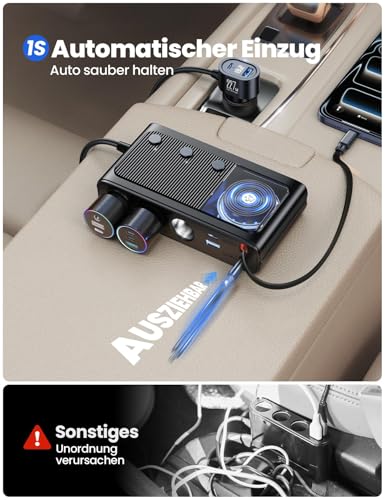Image of 9 in 1 Cigarette Lighter Splitter, JOYROOM 227W Dual Retractable Car Charger with 45W USB C Fast Charger for iPhone 17, 12V /24V Independent Switches DC Cigarette Outlet Car Charger for All Car Devices