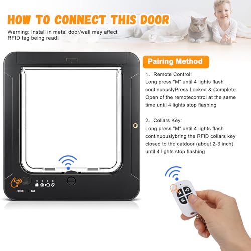 Smart Cat Door for Interior & Exterior, RFID Cat Pet Door with 3 Collar Sensor Keys & 1 Remote Control & 4 Way Locking Cat Flap with Collar Sensors Activated Opening CatDoor - Image 7