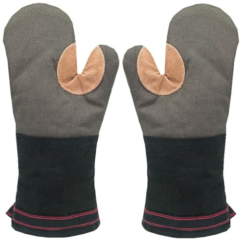AYADA Dicke Ofenhandschuhe Langer Arm für Große Hände, Leder Baumwolle Backofenhandschuhe Backhandschuhe Topfhandschuhe Oven Gloves Mitts Waschbare für Küchen Kochen Backen (Grau)